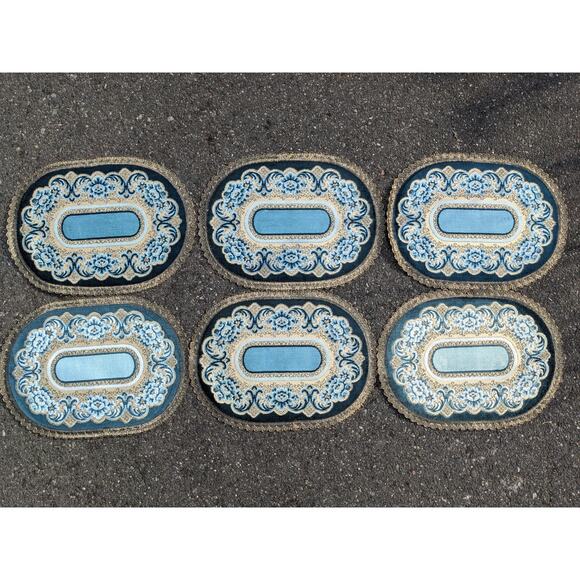 Rare Luxe Set of 6 Blue WEDGWOOD Velvet Brocade Rose Placemats Belgium Vintage - Picture 2 of 7